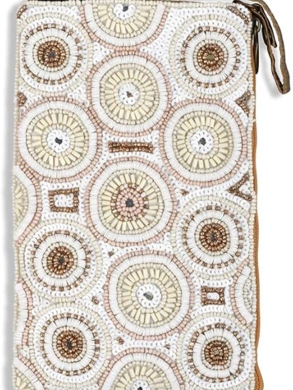 The Club Bag from Bamboo Trading Co. Beaded. White & Gold for Phone and Wallet